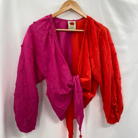 Farm Rio pink & red puff sleeve wrap blouse - Picture 3 of 7